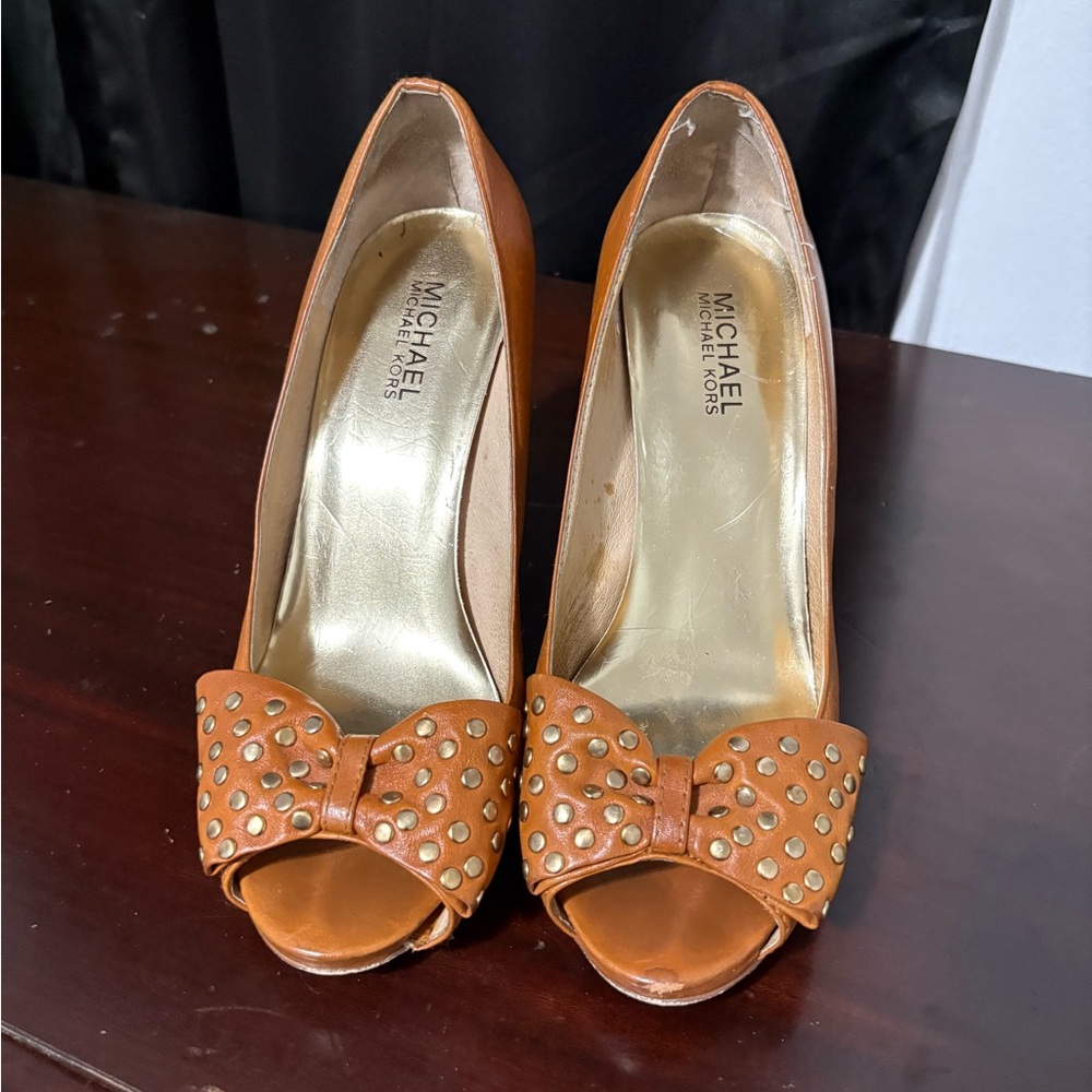 Michael Kors Brown Peep-Toe Heels with Bow